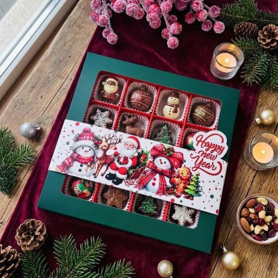 16 Bölmeli Pencereli Bonbon Çikolata Kutusu-Yılbaşı Şeritli Kardan Adam 16 Bölmeli Pencereli Bonbon Çikolata Kutusu-Yılbaşı Şeritli Kardan Adam