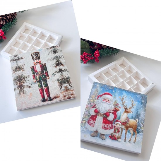 16 Bölmeli Simli Bonbon Çikolata Kutusu-(Kurşun Asker-Noel Baba)
