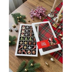 28 Bölmeli Pencereli Bonbon Çikolata Kutusu-Yılbaşı Şeritli Noel Baba