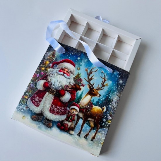 16 Bölmeli Çanta Model Bonbon Çikolata Kutusu-Simli Noel Baba