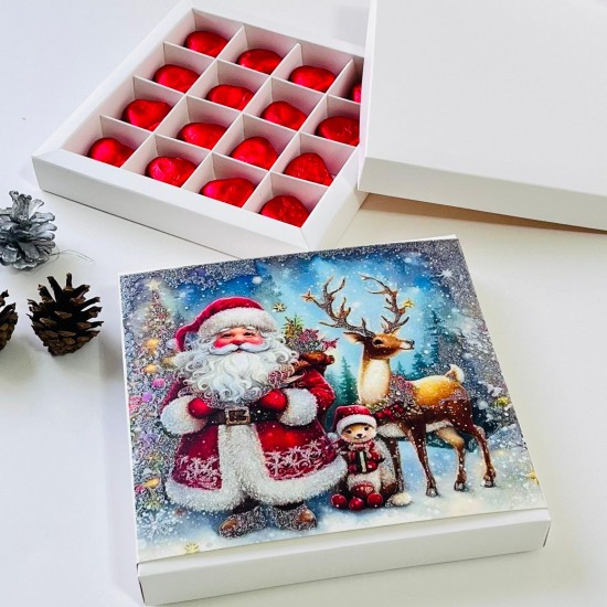 16 Bölmeli Simli Noel Baba Çikolata Kutusu ve Kılıfı