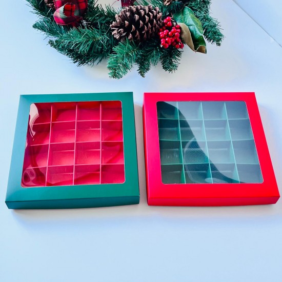 16 Bölmeli Pencereli Bonbon Çikolata Kutusu Yılbaşı (Yeşil-Kırmızı)