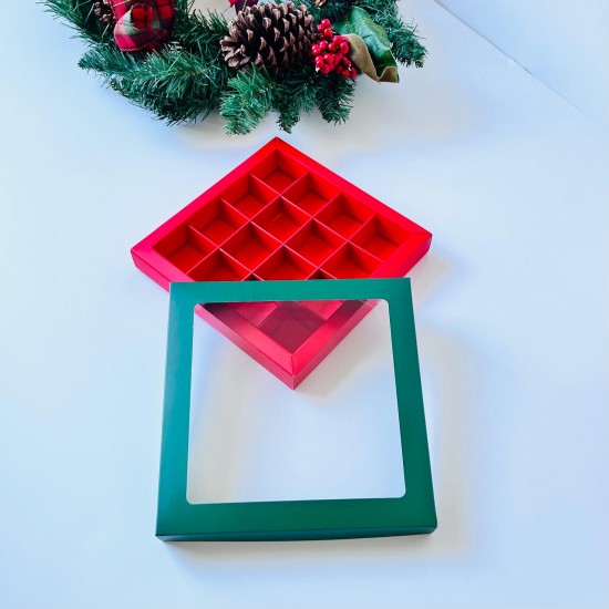 16 Bölmeli Pencereli Bonbon Çikolata Kutusu Yılbaşı (Yeşil-Kırmızı)