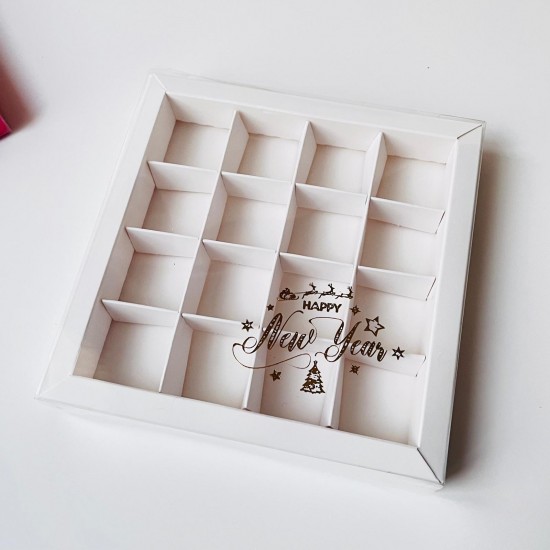 16 Bölmeli Asetat Kapaklı-Yaldız Baskı Bonbon Çikolata Kutusu 