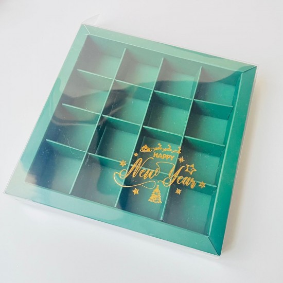 16 Bölmeli Asetat Kapaklı-Yaldız Baskı Bonbon Çikolata Kutusu 