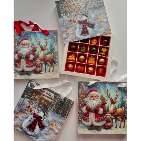 16 Bölmeli Çanta Model Bonbon Çikolata Kutusu-Simli Noel Baba