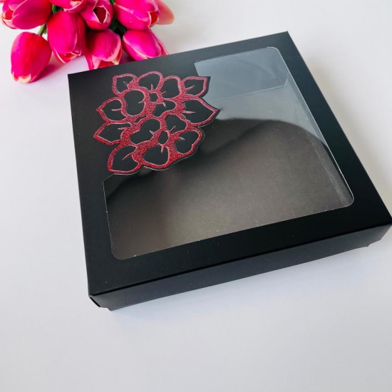 18x18x4 Çiçek Tasarım Karton Kutu-Kırmızı Simli
