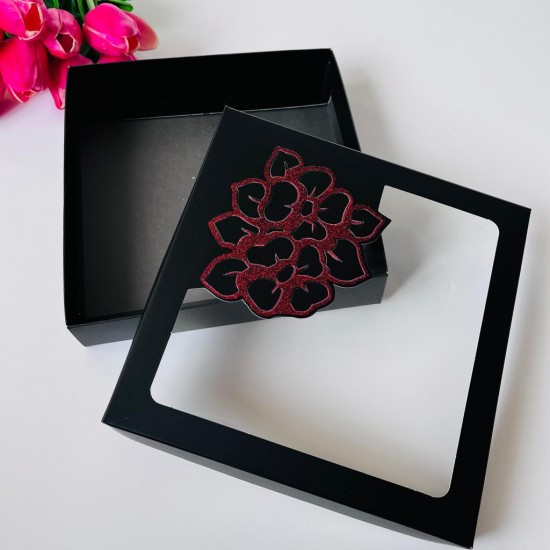 18x18x4 Çiçek Tasarım Karton Kutu-Kırmızı Simli