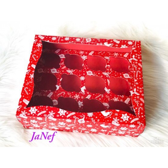 25x30x9 Pencereli Cupcake Kutusu Yılbaşı Desen 12'li