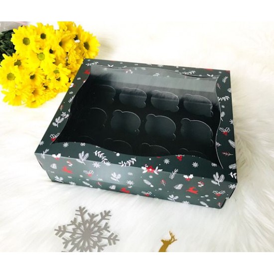 25x30x9 Pencereli Cupcake Kutusu Yılbaşı Desen 12'li