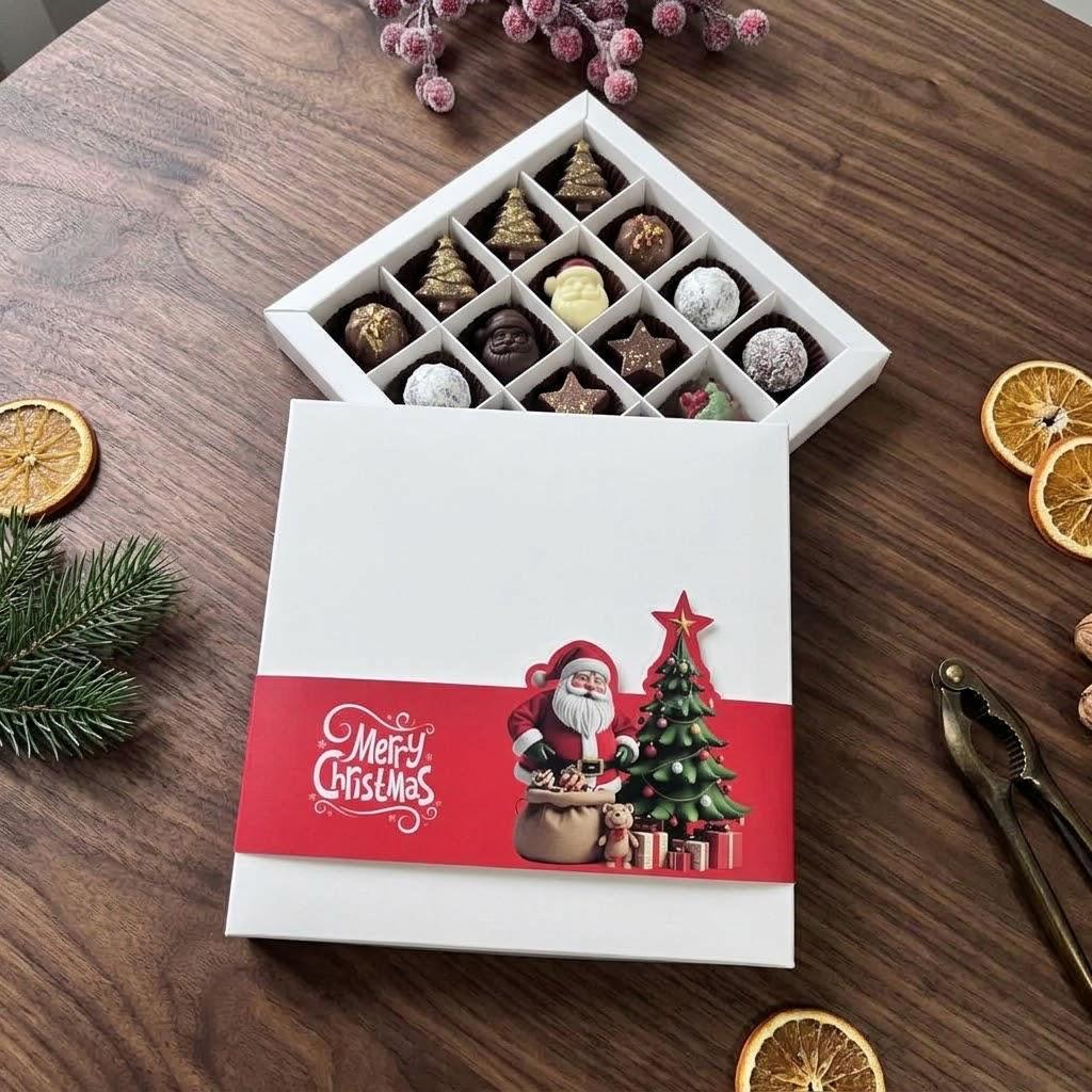 16 Bölmeli Bonbon Çikolata Kutusu-Yılbaşı Şeritli Noel Baba — ürün görseli
