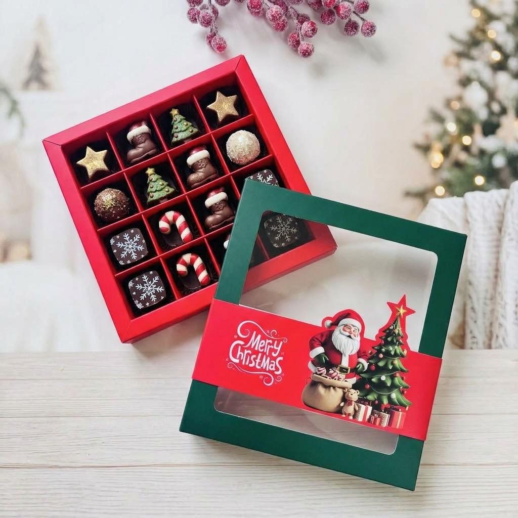 16 Bölmeli Pencereli Bonbon Çikolata Kutusu-Yılbaşı Şeritli Noel Baba — galeri görseli