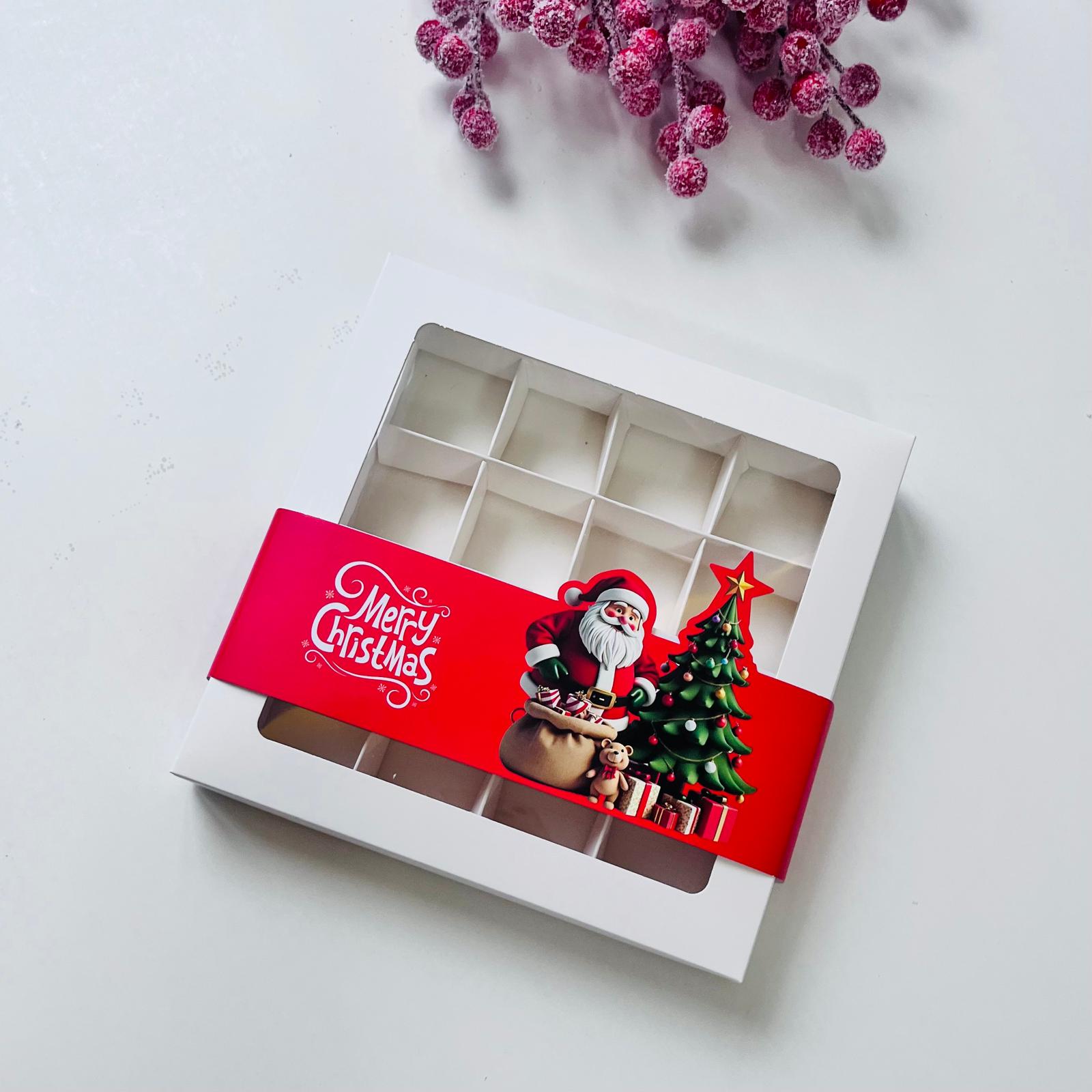 16 Bölmeli Pencereli Bonbon Çikolata Kutusu-Yılbaşı Şeritli Noel Baba — galeri görseli