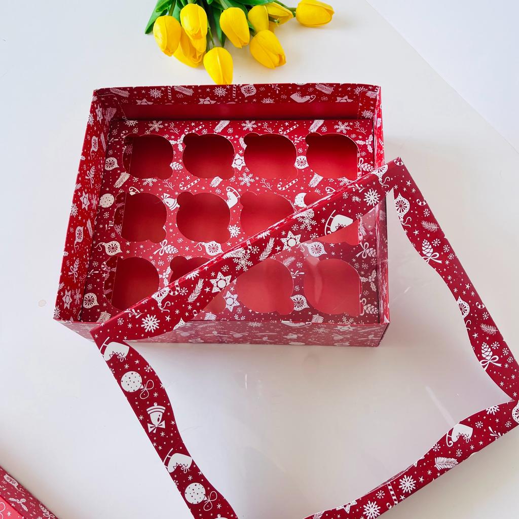 25x30x9 Pencereli Cupcake Kutusu Yılbaşı Desen 12'li — ürün görseli