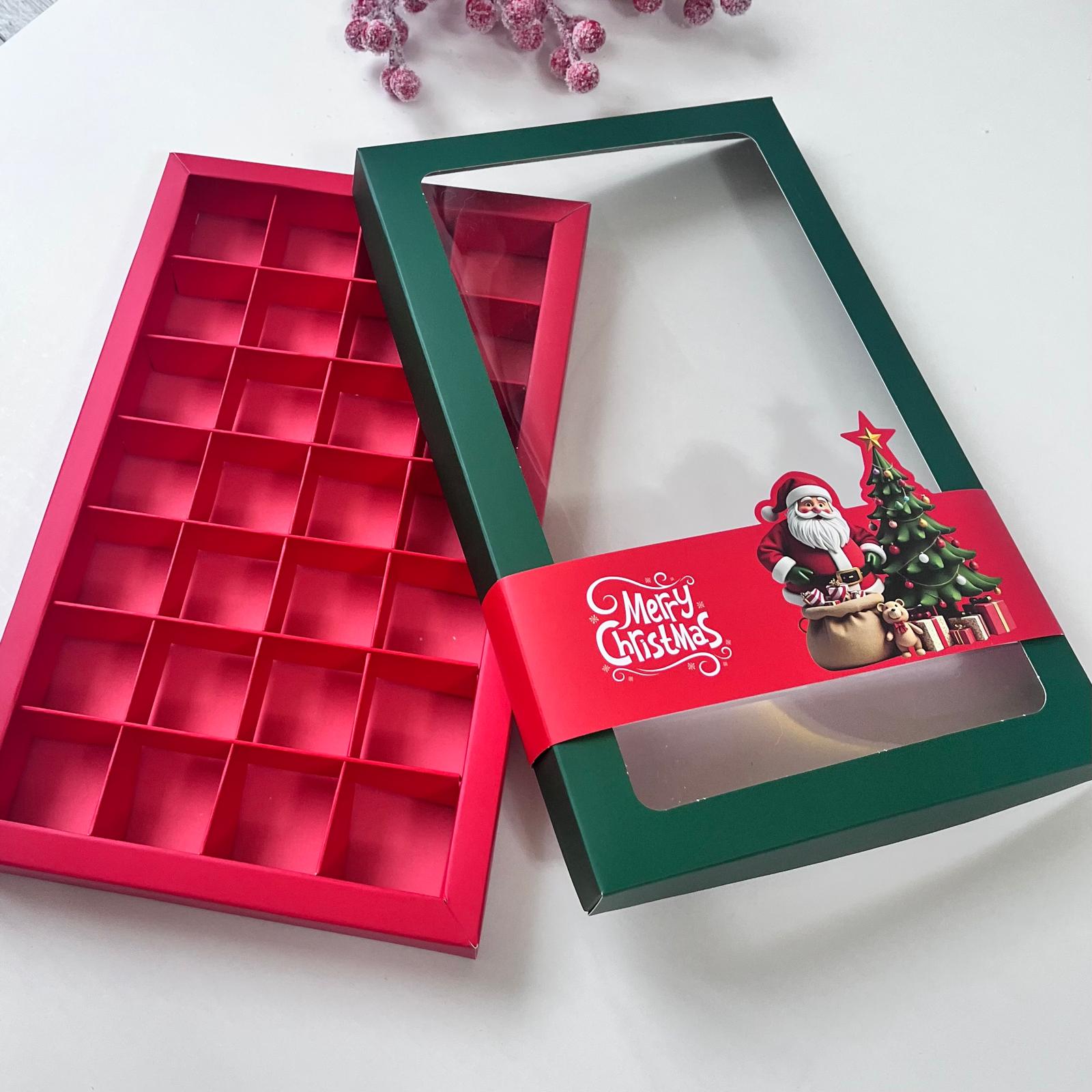 28 Bölmeli Pencereli Bonbon Çikolata Kutusu-Yılbaşı Şeritli Noel Baba — galeri görseli