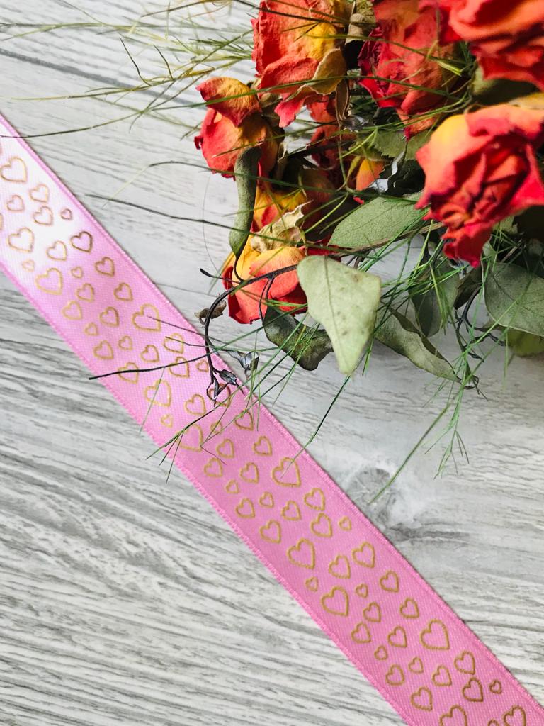 Kurdele Saten Küçük Kalp Desen Pembe — ürün görseli
