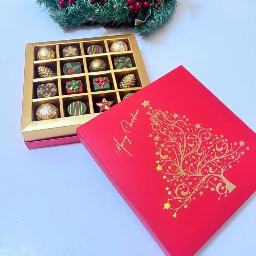 16 Bölmeli Premium Yaldız Yılbaşı Temalı Çikolata Kutusu — galeri görseli